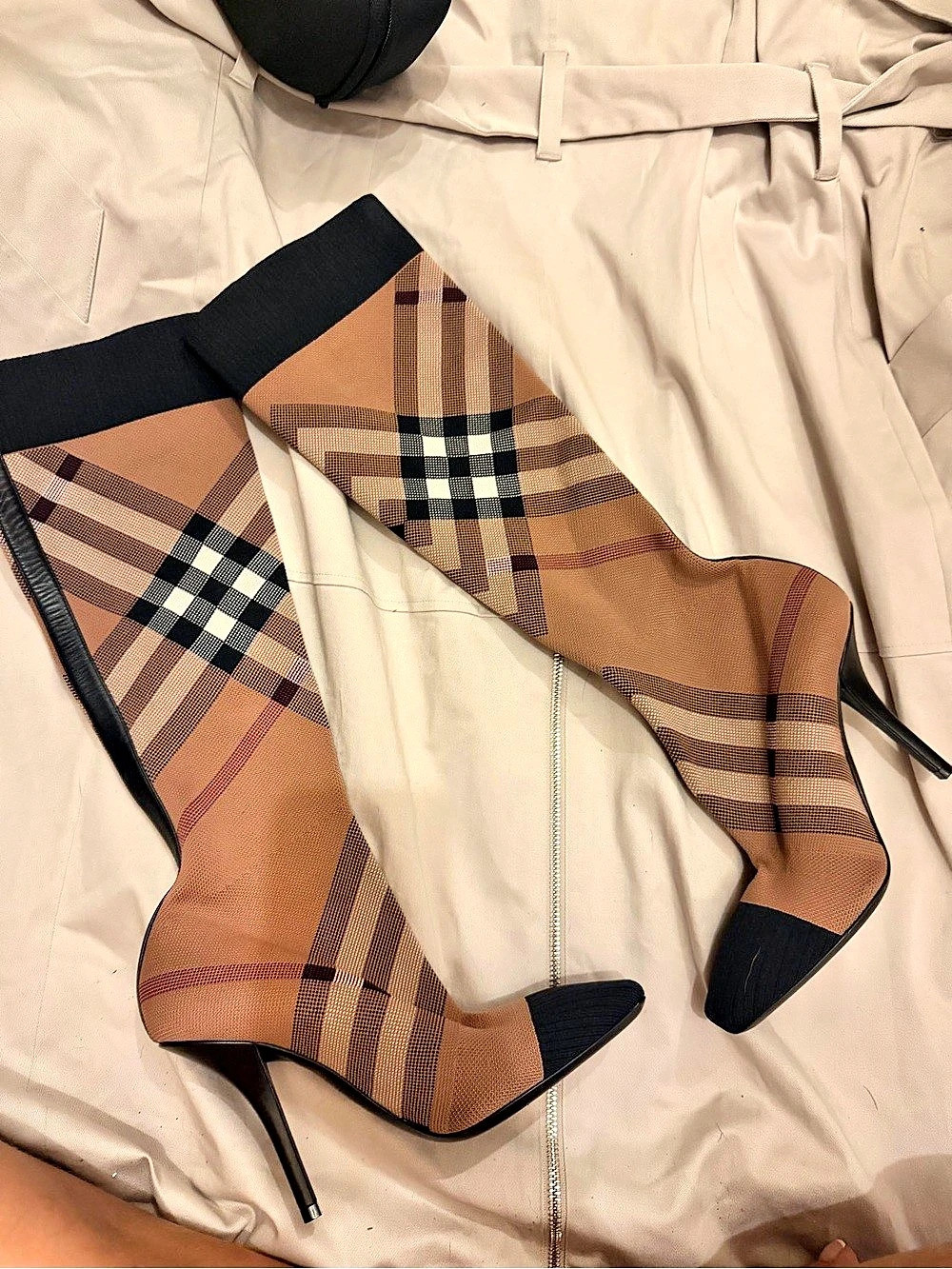 Burberry Knitted Check Tall Sock Boots Brown & Black